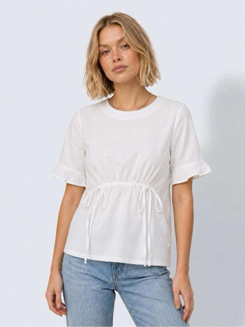 Cellabie Women's Medium White Drawstring Short Sleeve Blouse